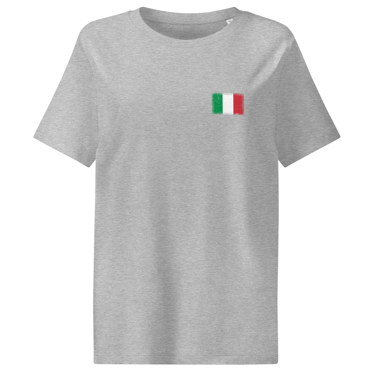 Italy flag t-shirt in Heather Grey, vintage-washed print, small flag on the left chest, women cut, front view