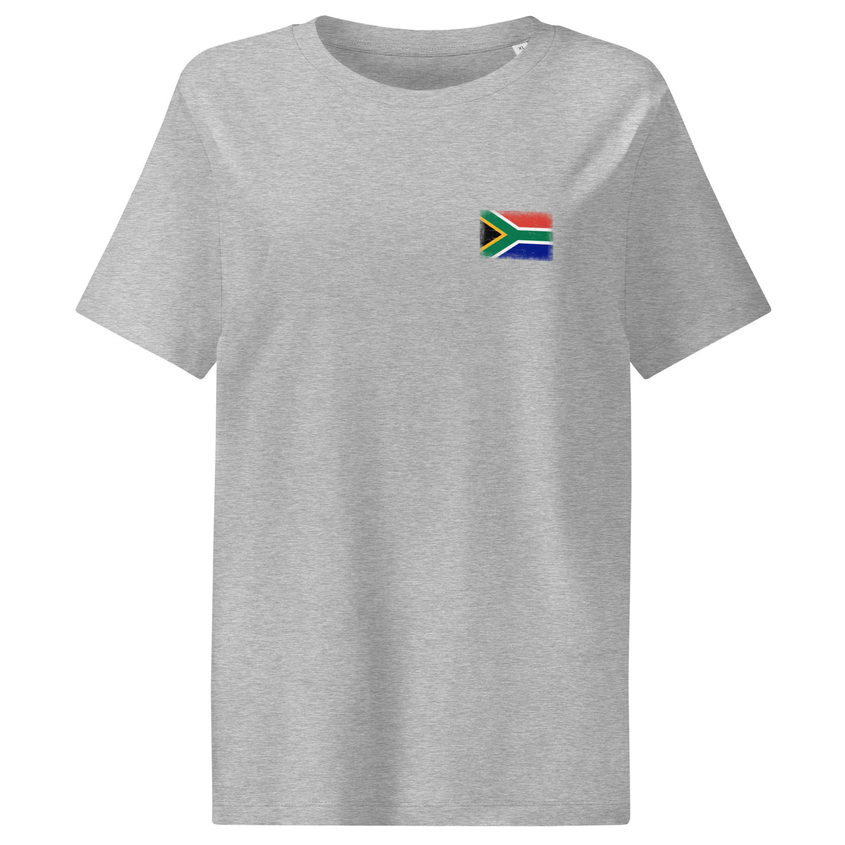 South Africa flag t-shirt in Heather Grey, vintage-washed print, small flag on the left chest, women cut, front view