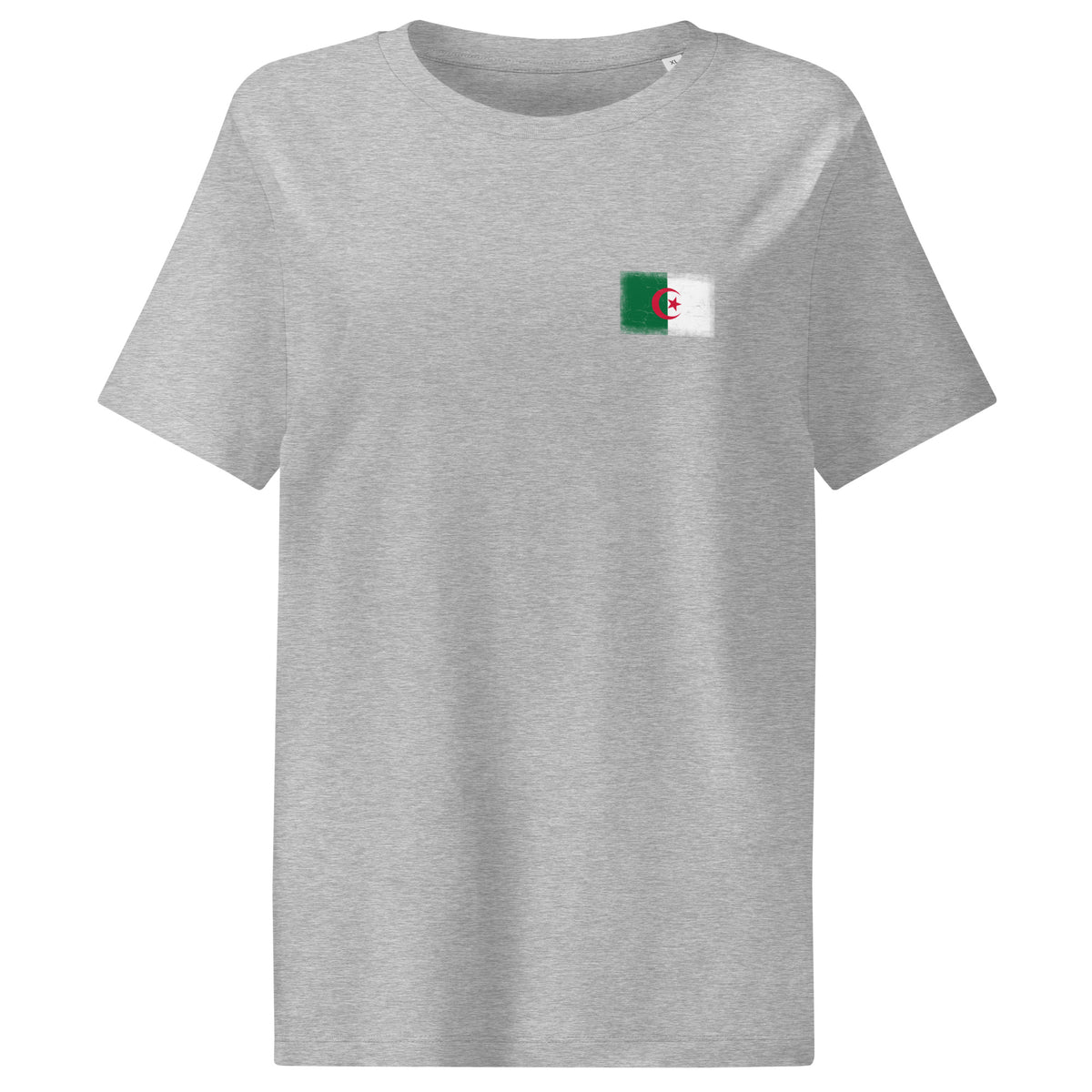 Algeria flag t-shirt in Heather Grey, vintage-washed print, small flag on the left chest, women cut, front view