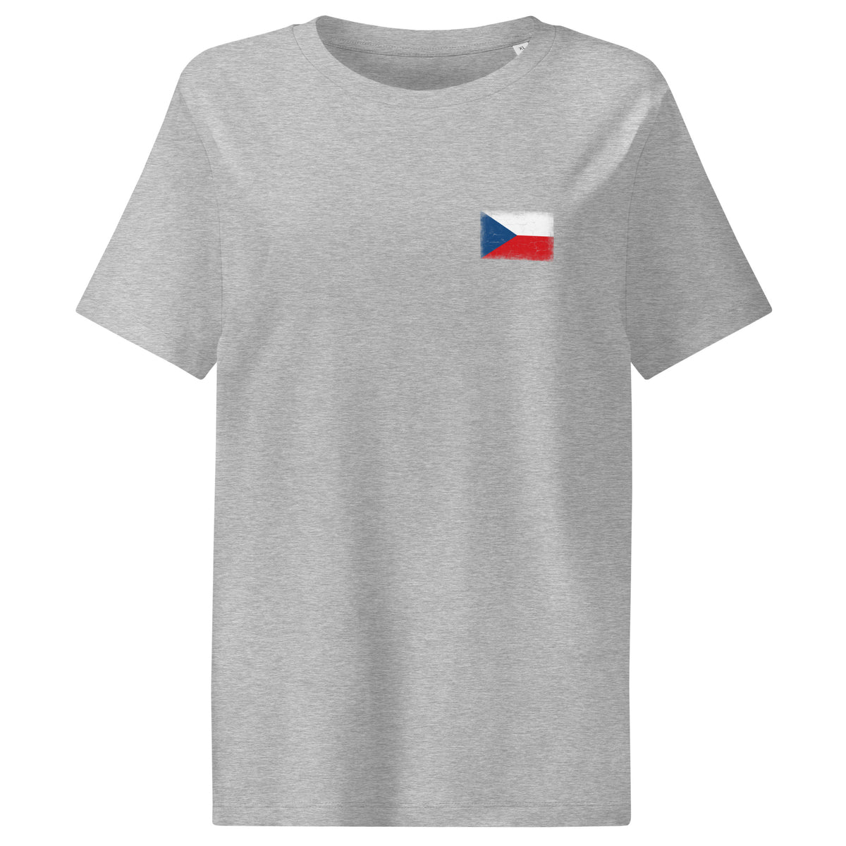 Czechia flag t-shirt in Heather Grey, vintage-washed print, small flag on the left chest, women cut, front view