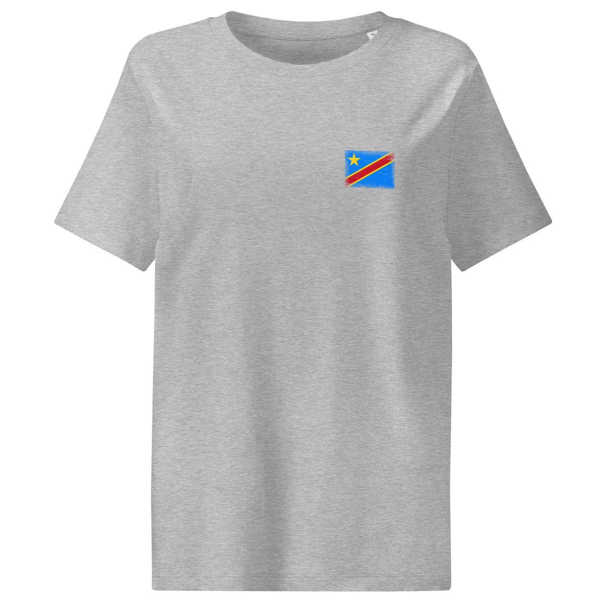 Congo flag t-shirt in Heather Grey, vintage-washed print, small flag on the left chest, women cut, front view