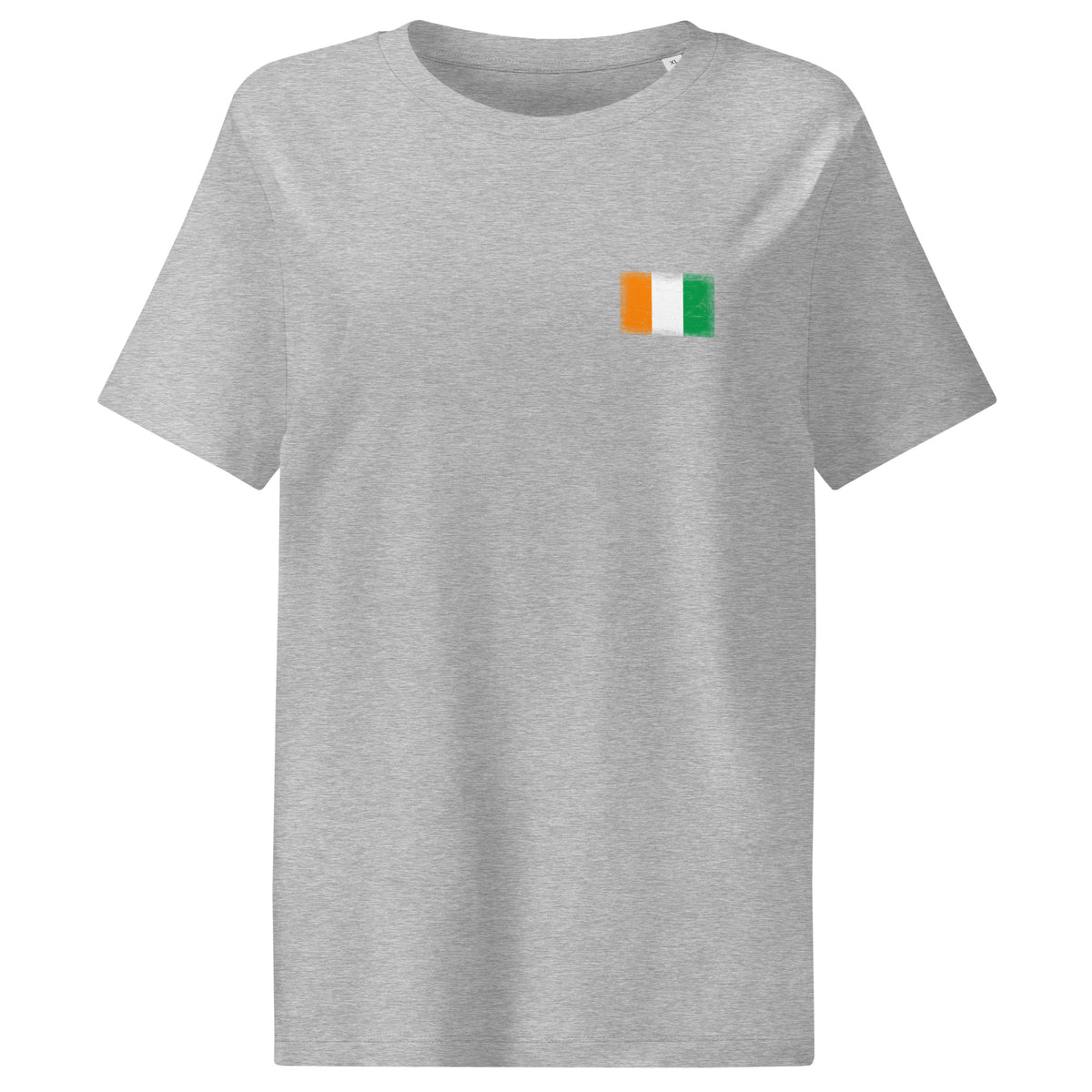 Côte d'Ivoire flag t-shirt in Heather Grey, vintage-washed print, small flag on the left chest, women cut, front view