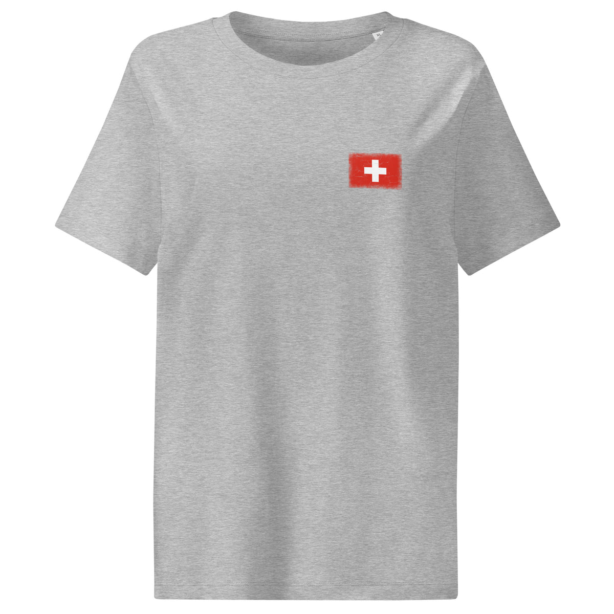 Switzerland flag t-shirt in Heather Grey, vintage-washed print, small flag on the left chest, women cut, front view