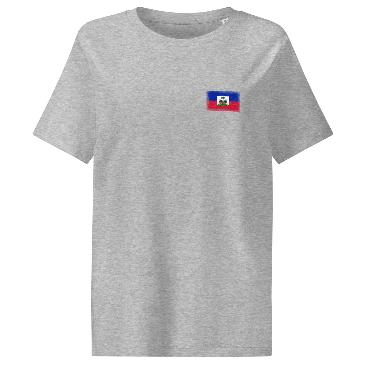 Haiti flag t-shirt in Heather Grey, vintage-washed print, small flag on the left chest, women cut, front view