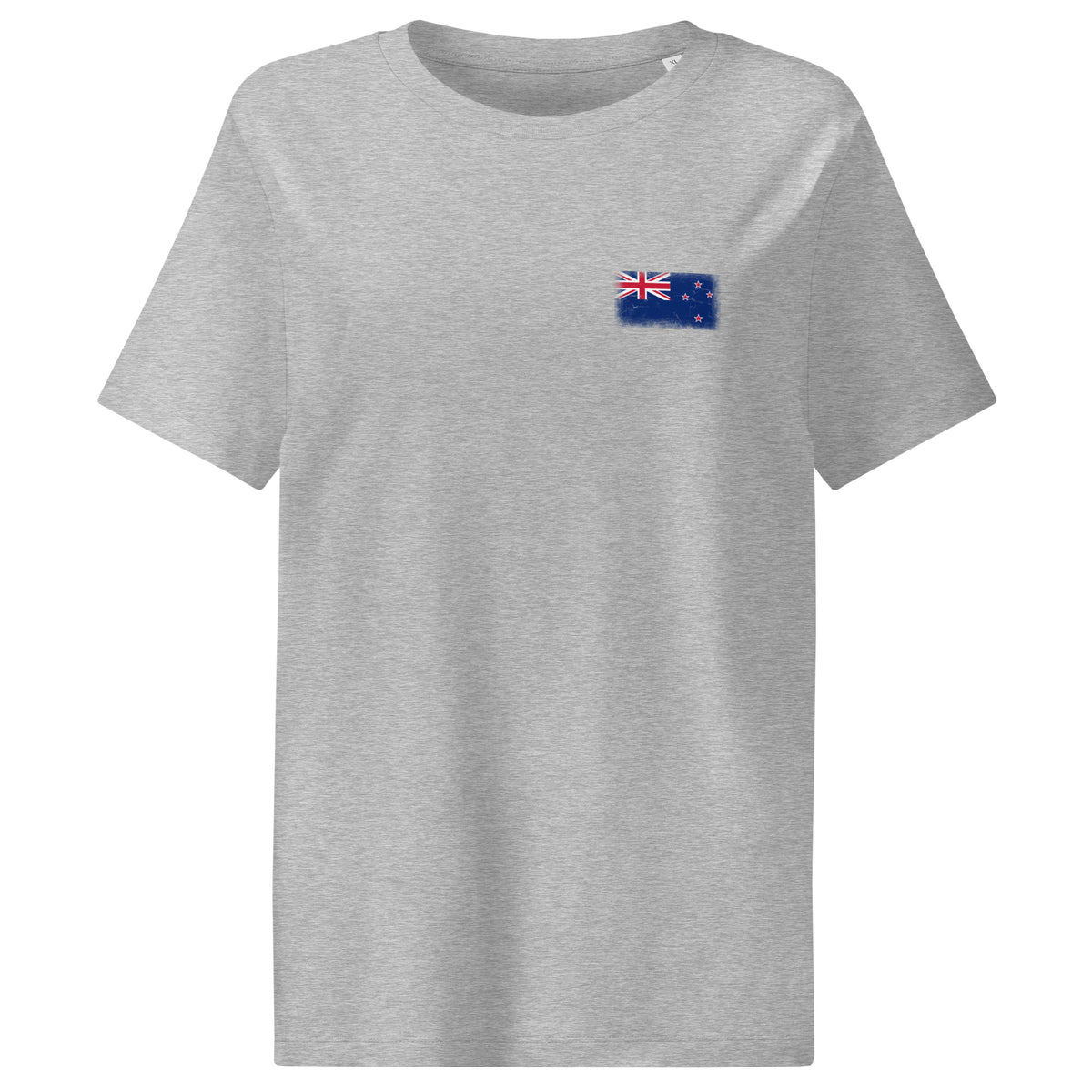 New Zealand flag t-shirt in Heather Grey, vintage-washed print, small flag on the left chest, women cut, front view