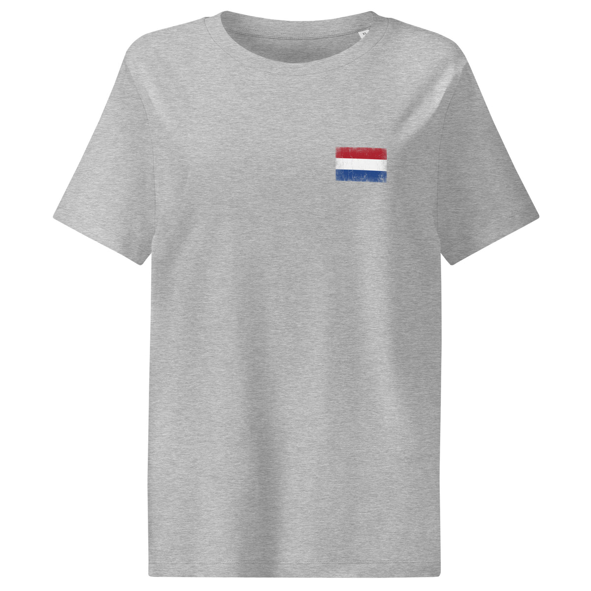 Netherlands flag t-shirt in Heather Grey, vintage-washed print, small flag on the left chest, women cut, front view