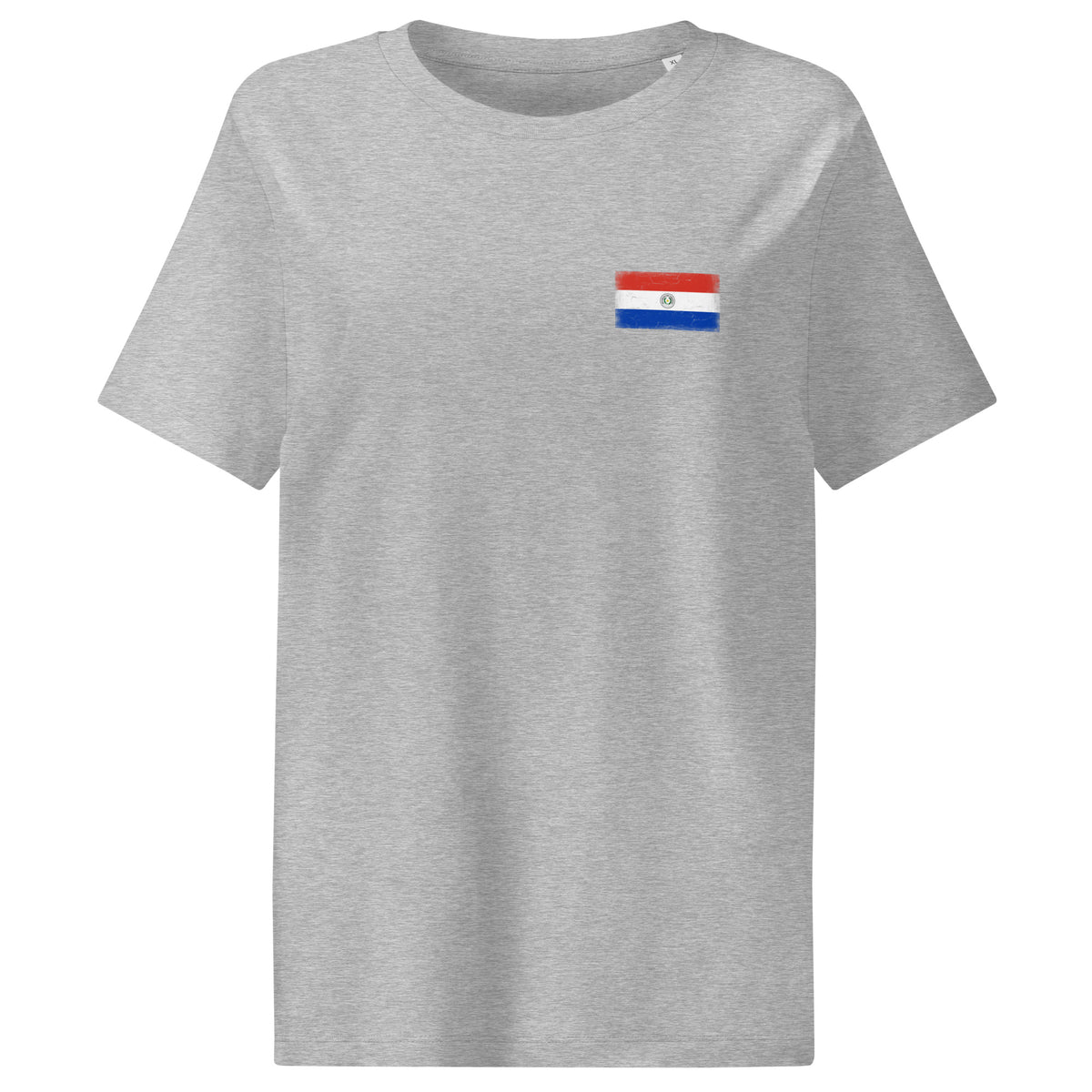 Paraguay flag t-shirt in Heather Grey, vintage-washed print, small flag on the left chest, women cut, front view