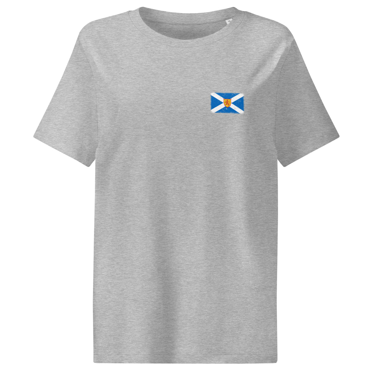 Scotland flag t-shirt in Heather Grey, vintage-washed print, small flag on the left chest, women cut, front view