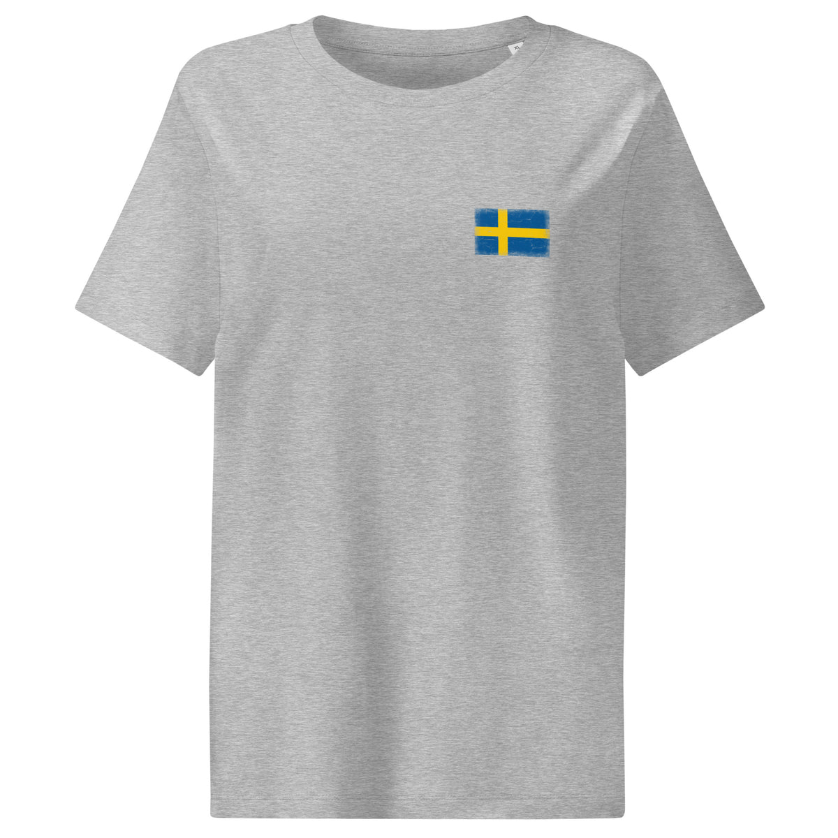 Sweden flag t-shirt in Heather Grey, vintage-washed print, small flag on the left chest, women cut, front view