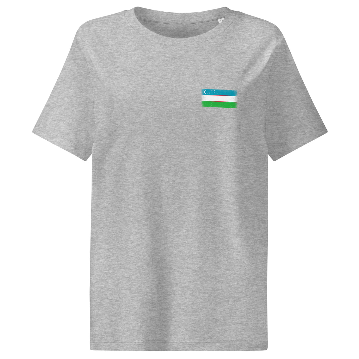 Uzbekistan flag t-shirt in Heather Grey, vintage-washed print, small flag on the left chest, women cut, front view