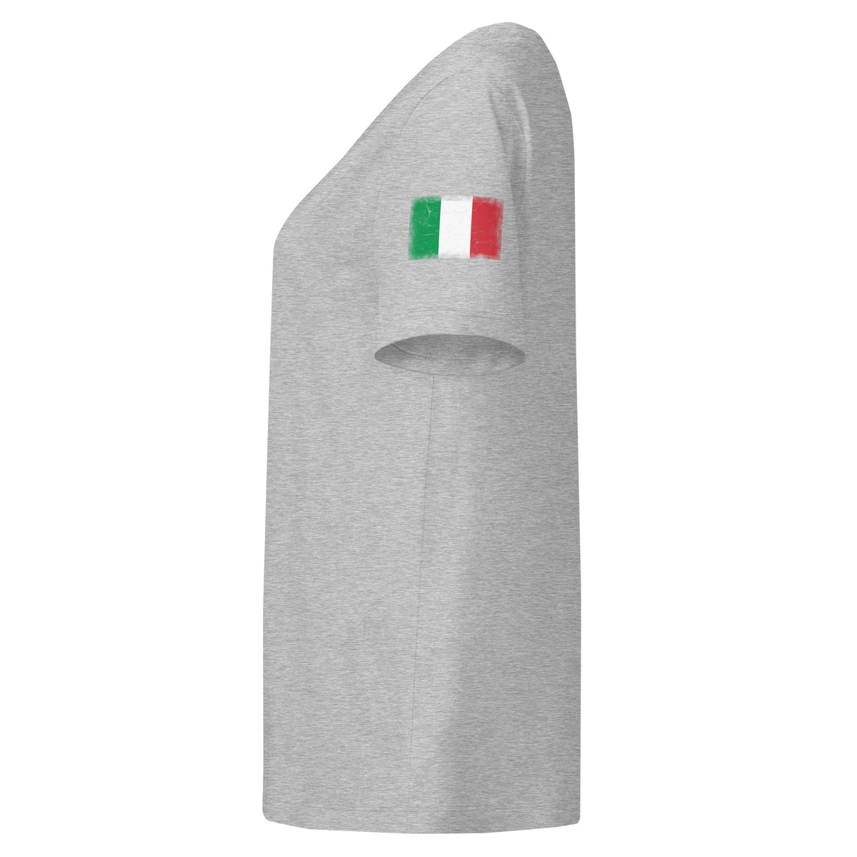 Italy flag t-shirt in Heather Grey, vintage-washed print, flag badge on the left sleeve, women cut, side view