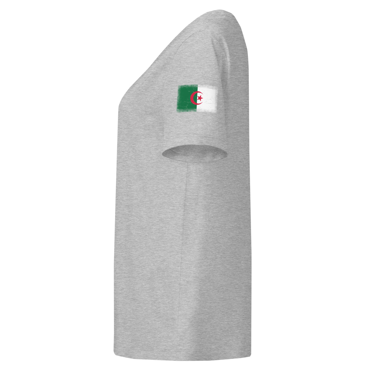 Algeria flag t-shirt in Heather Grey, vintage-washed print, flag badge on the left sleeve, women cut, side view