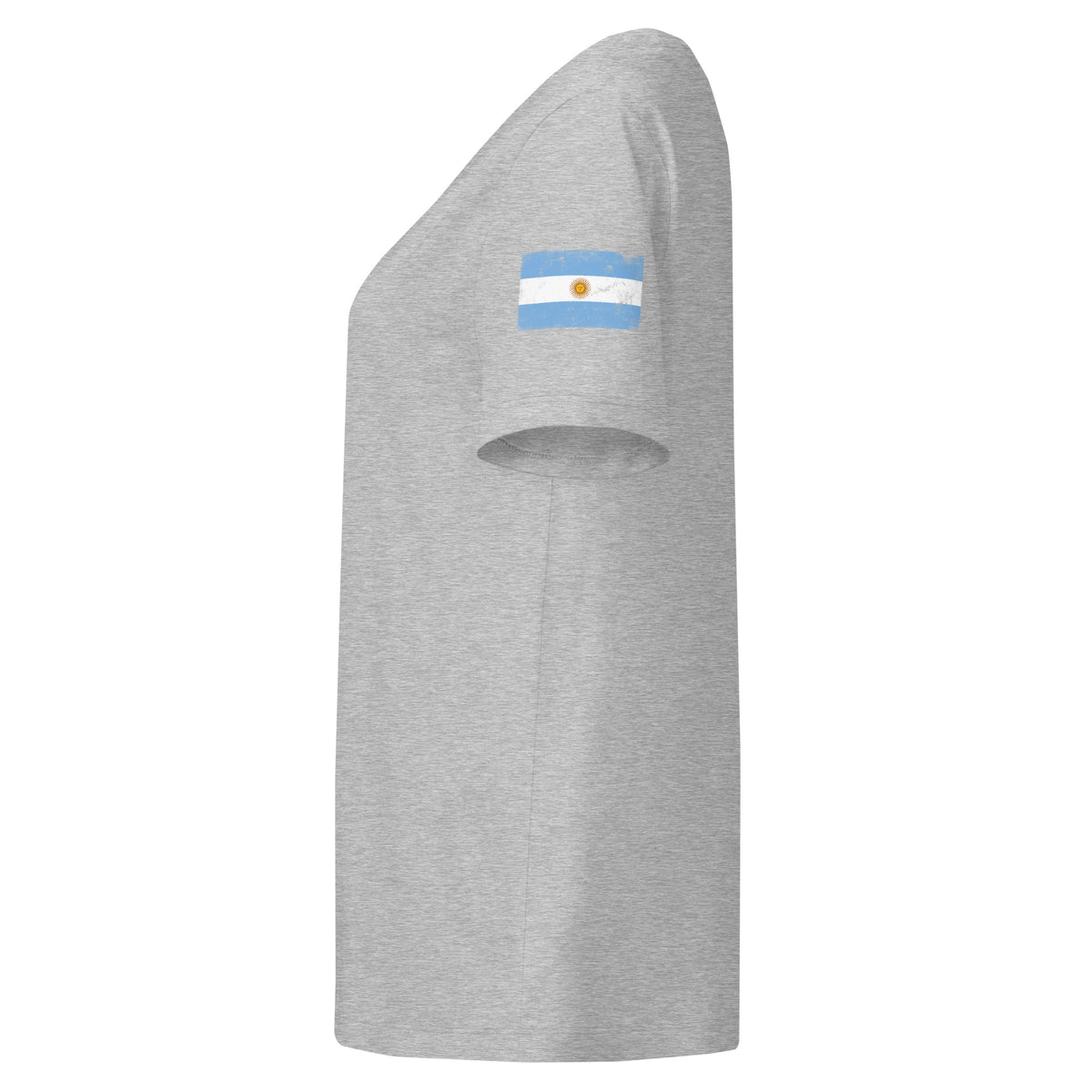 Argentina flag t-shirt in Heather Grey, vintage-washed print, flag badge on the left sleeve, women cut, side view