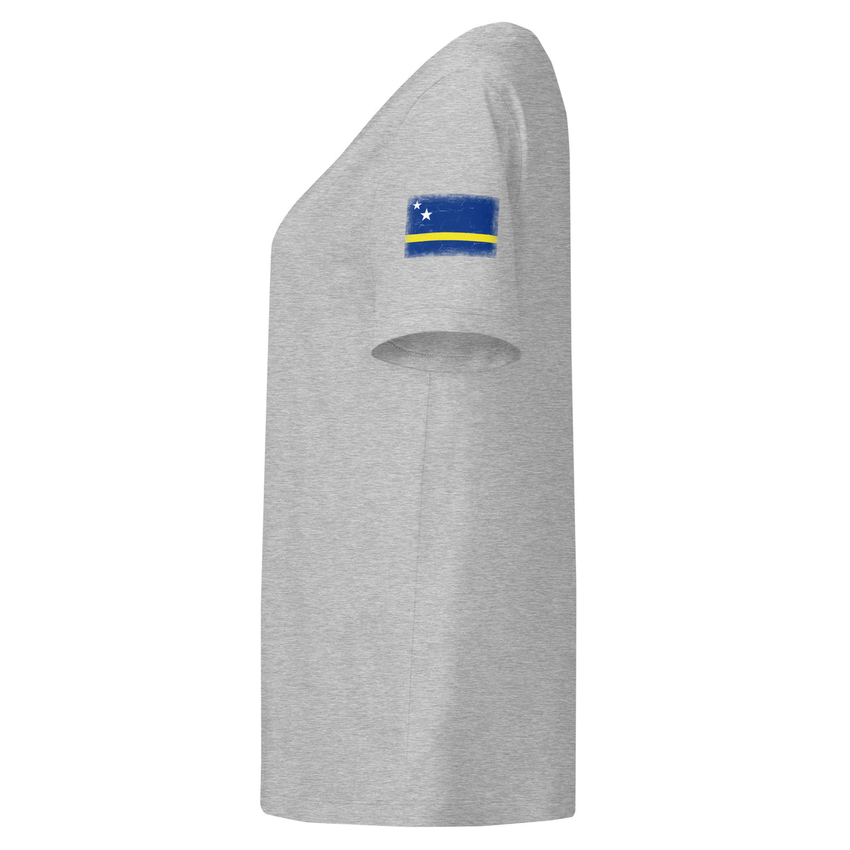 Curaçao flag t-shirt in Heather Grey, vintage-washed print, flag badge on the left sleeve, women cut, side view