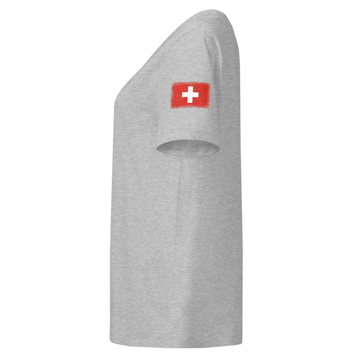 Switzerland flag t-shirt in Heather Grey, vintage-washed print, flag badge on the left sleeve, women cut, side view