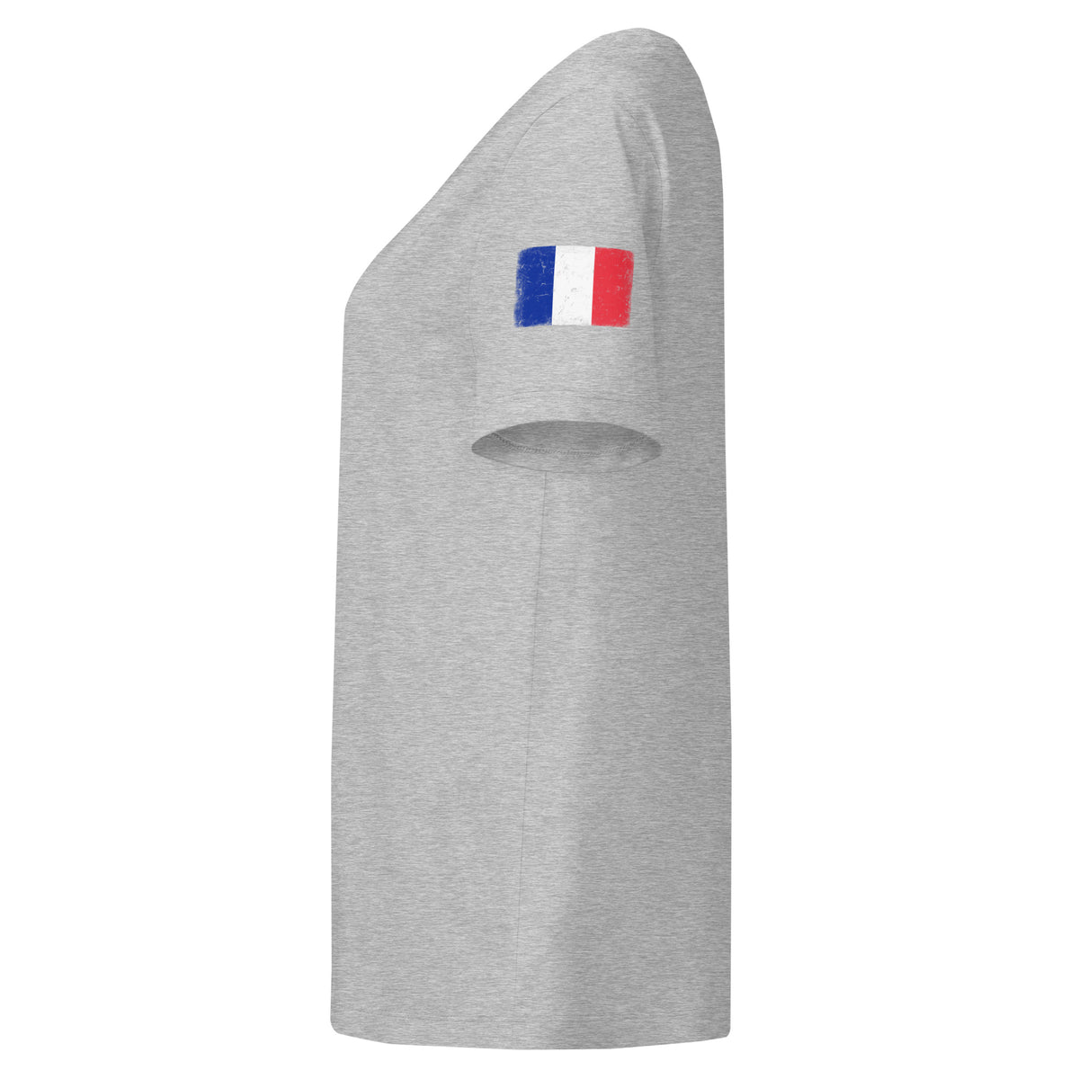 France flag t-shirt in Heather Grey, vintage-washed print, flag badge on the left sleeve, women cut, side view