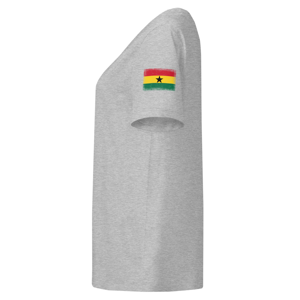 Ghana flag t-shirt in Heather Grey, vintage-washed print, flag badge on the left sleeve, women cut, side view