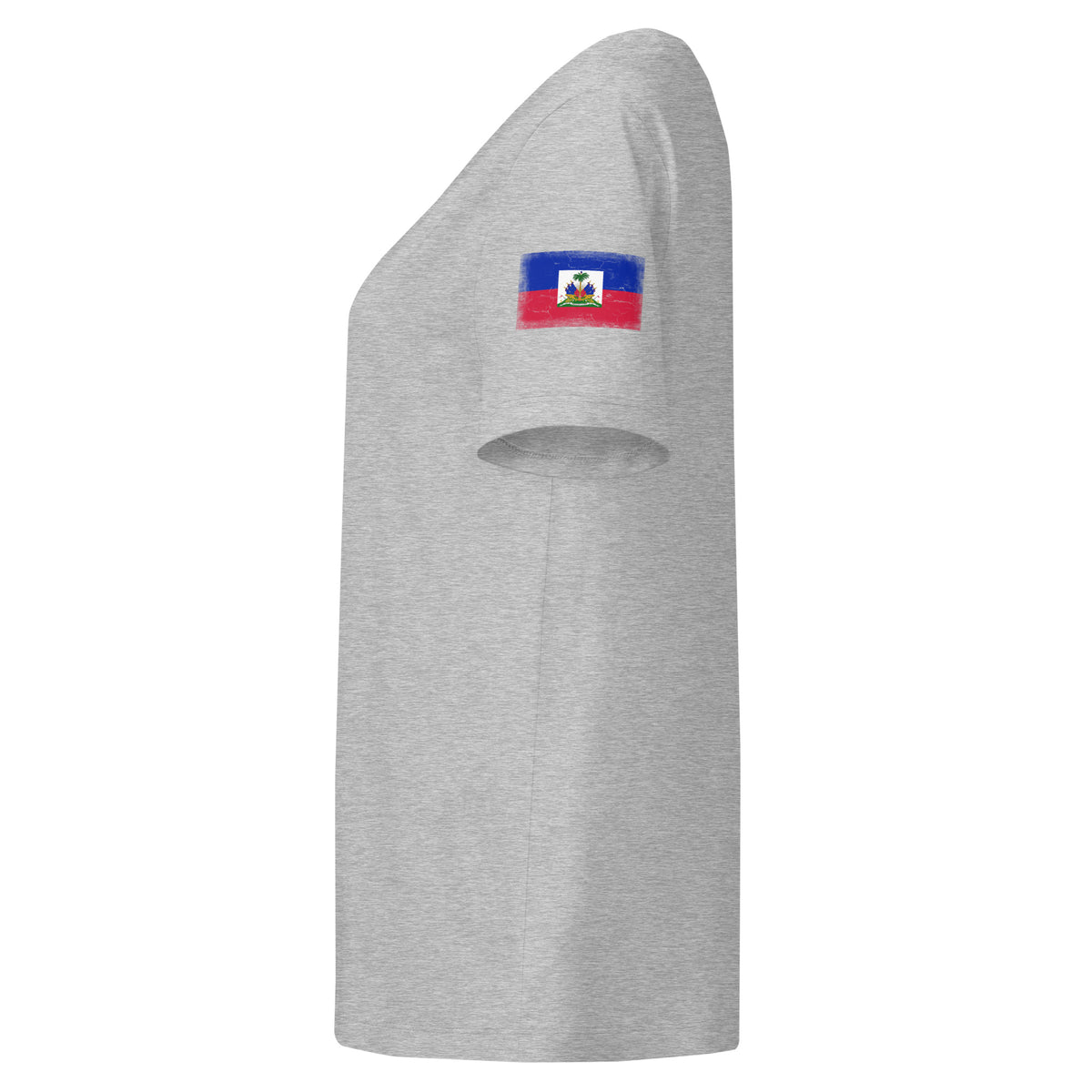 Haiti flag t-shirt in Heather Grey, vintage-washed print, flag badge on the left sleeve, women cut, side view