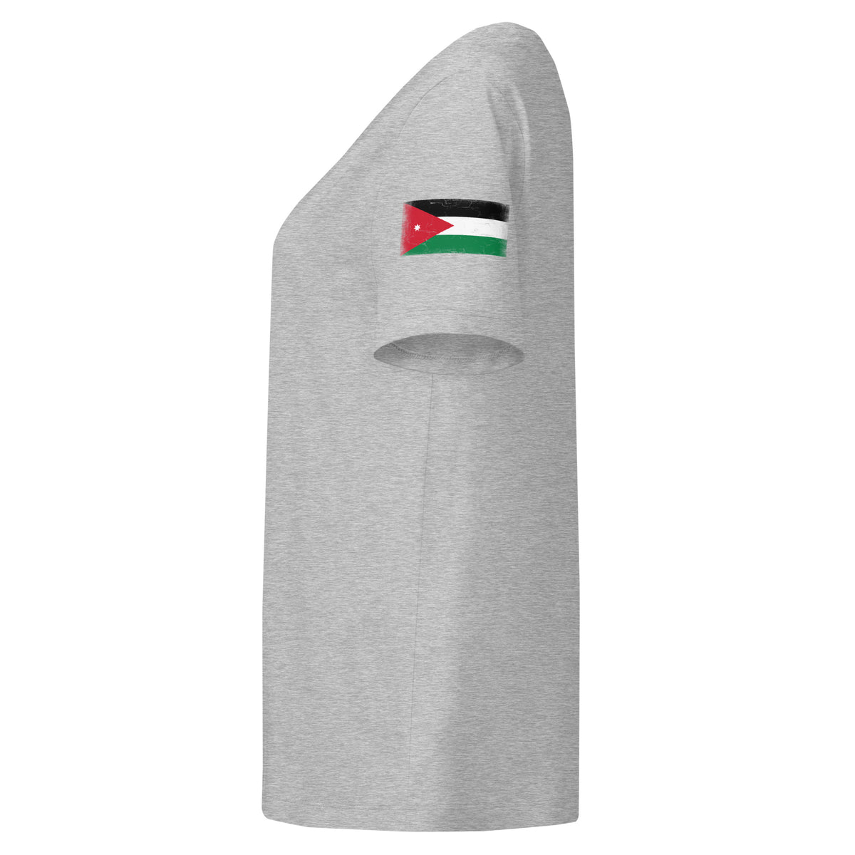 Jordan flag t-shirt in Heather Grey, vintage-washed print, flag badge on the left sleeve, women cut, side view