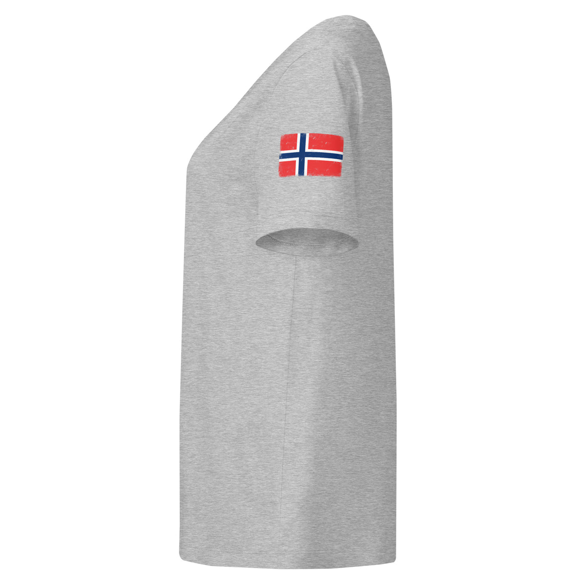 Norway flag t-shirt in Heather Grey, vintage-washed print, flag badge on the left sleeve, women cut, side view