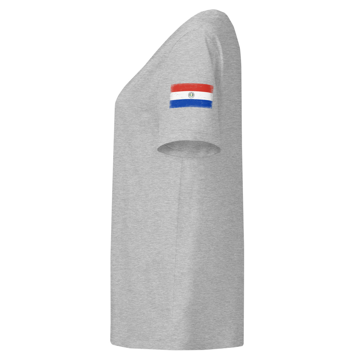 Paraguay flag t-shirt in Heather Grey, vintage-washed print, flag badge on the left sleeve, women cut, side view