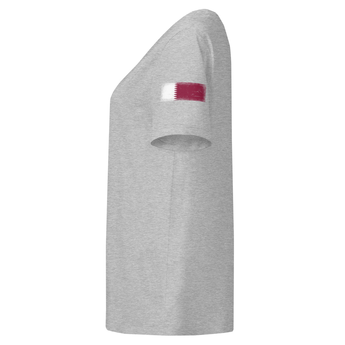 Qatar flag t-shirt in Heather Grey, vintage-washed print, flag badge on the left sleeve, women cut, side view