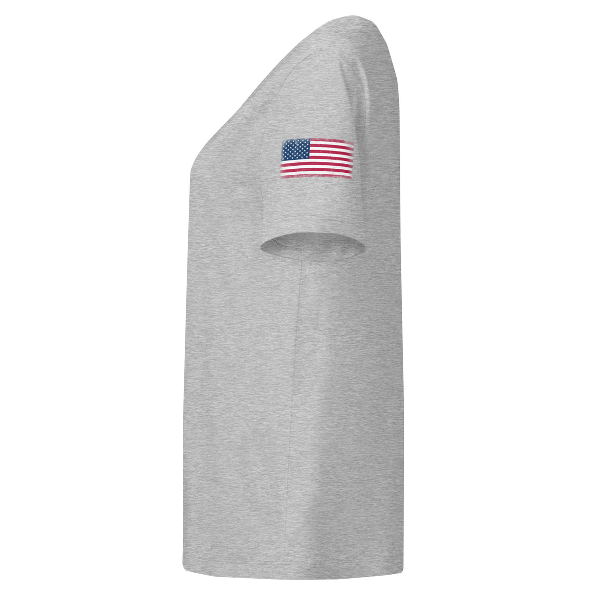USA flag t-shirt in Heather Grey, vintage-washed print, flag badge on the left sleeve, women cut, side view
