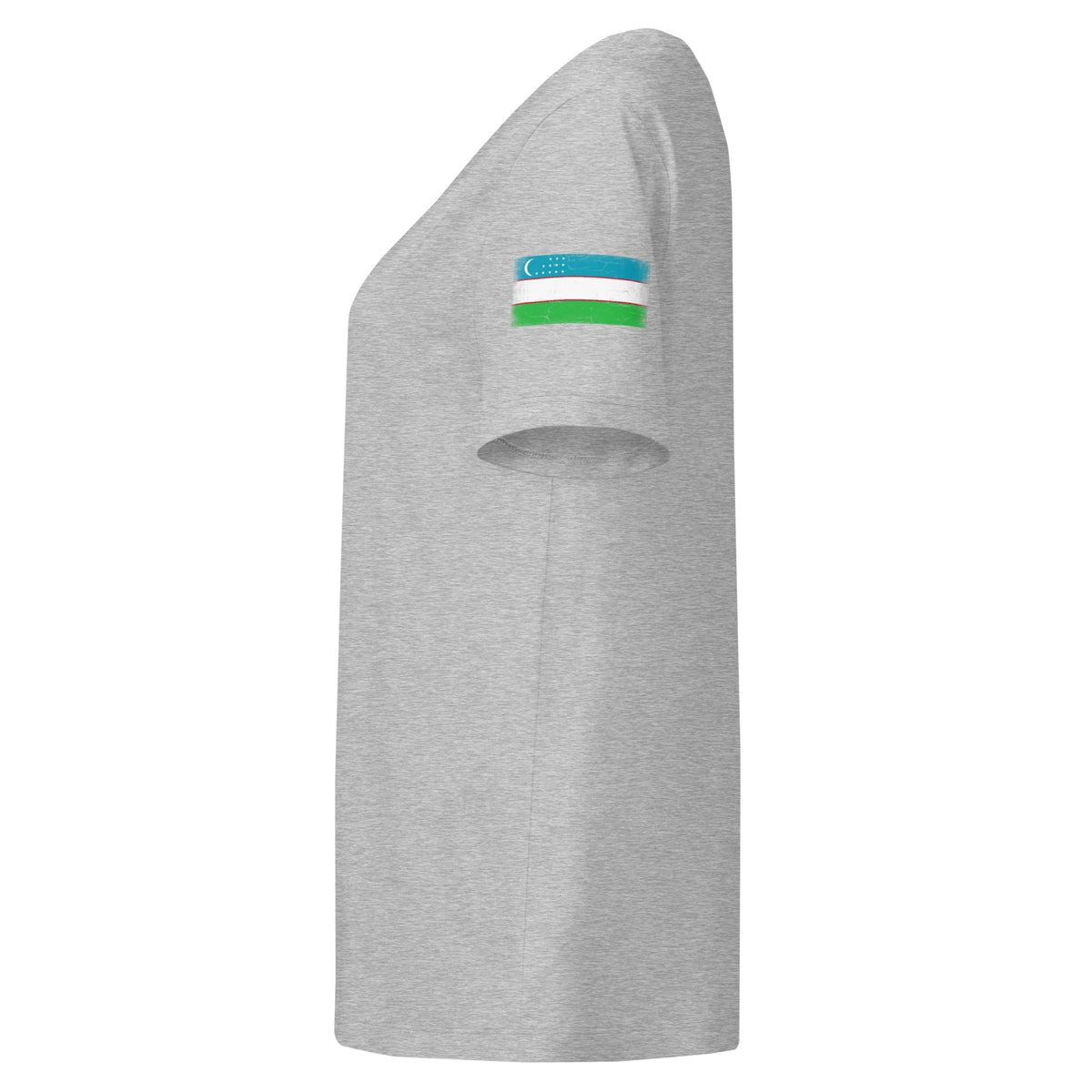 Uzbekistan flag t-shirt in Heather Grey, vintage-washed print, flag badge on the left sleeve, women cut, side view