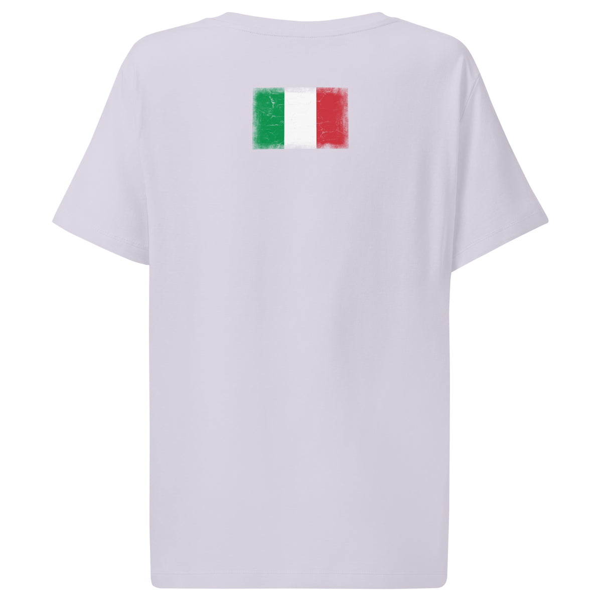Italy flag t-shirt in Lavender, vintage-washed print, flag across the upper back, women cut, back view