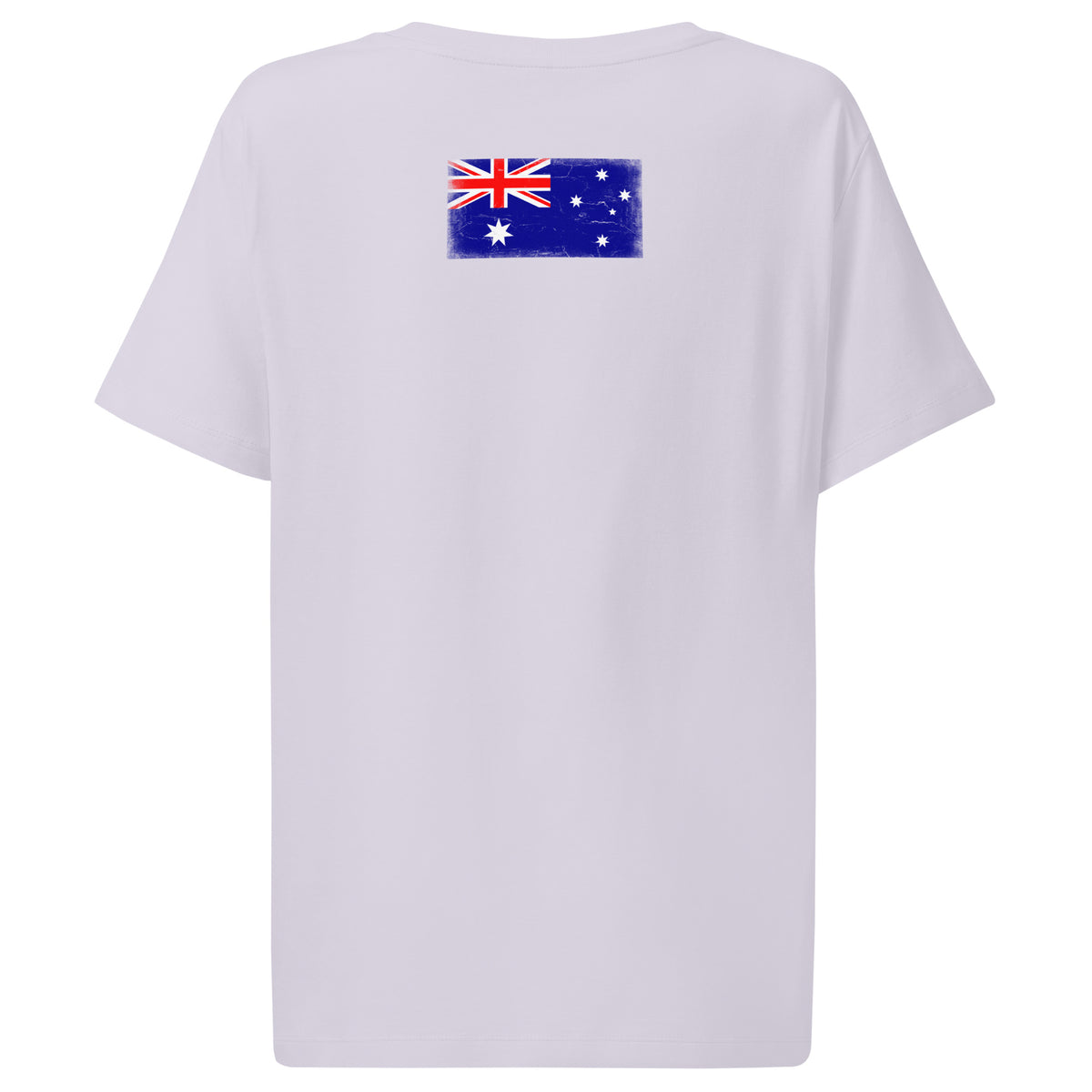 Australia flag t-shirt in Lavender, vintage-washed print, flag across the upper back, women cut, back view
