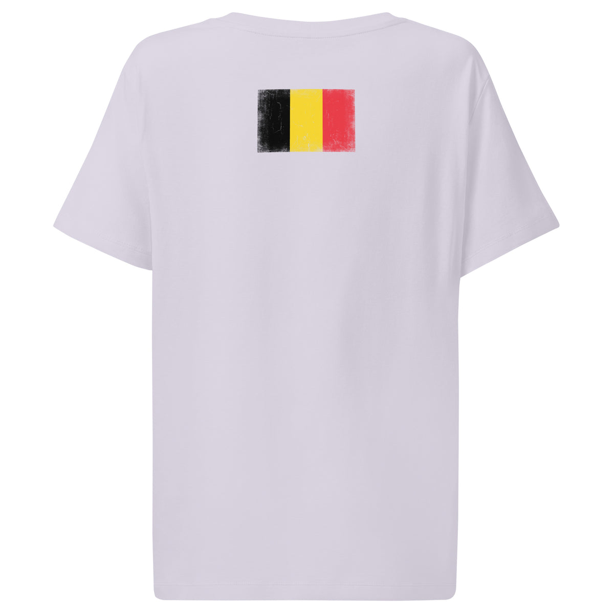 Belgium flag t-shirt in Lavender, vintage-washed print, flag across the upper back, women cut, back view