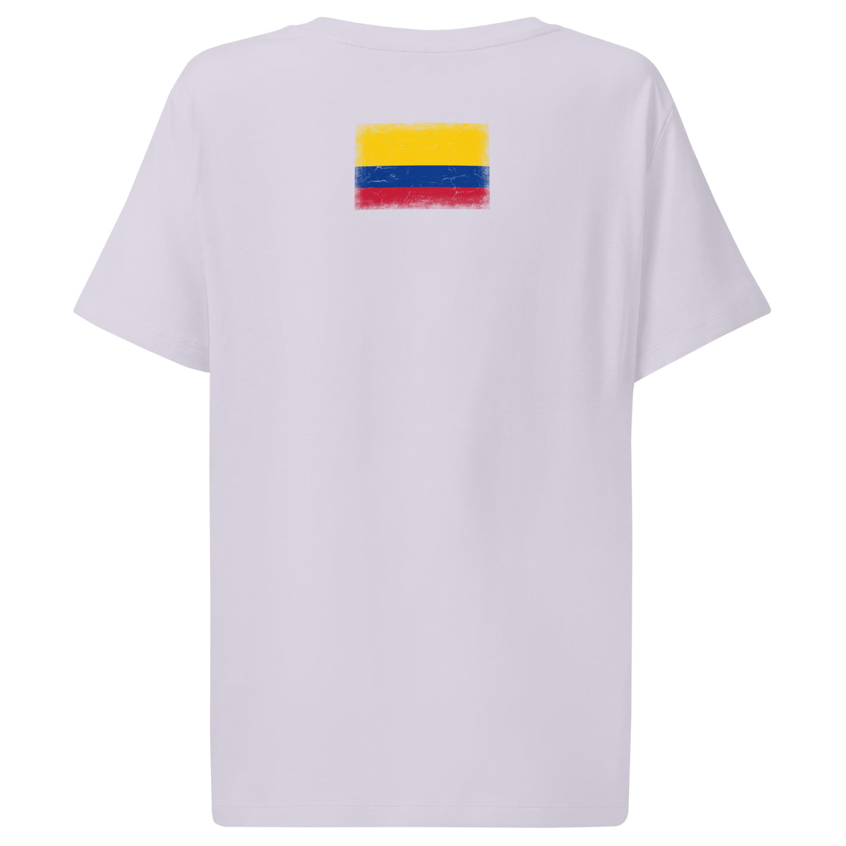 Colombia flag t-shirt in Lavender, vintage-washed print, flag across the upper back, women cut, back view