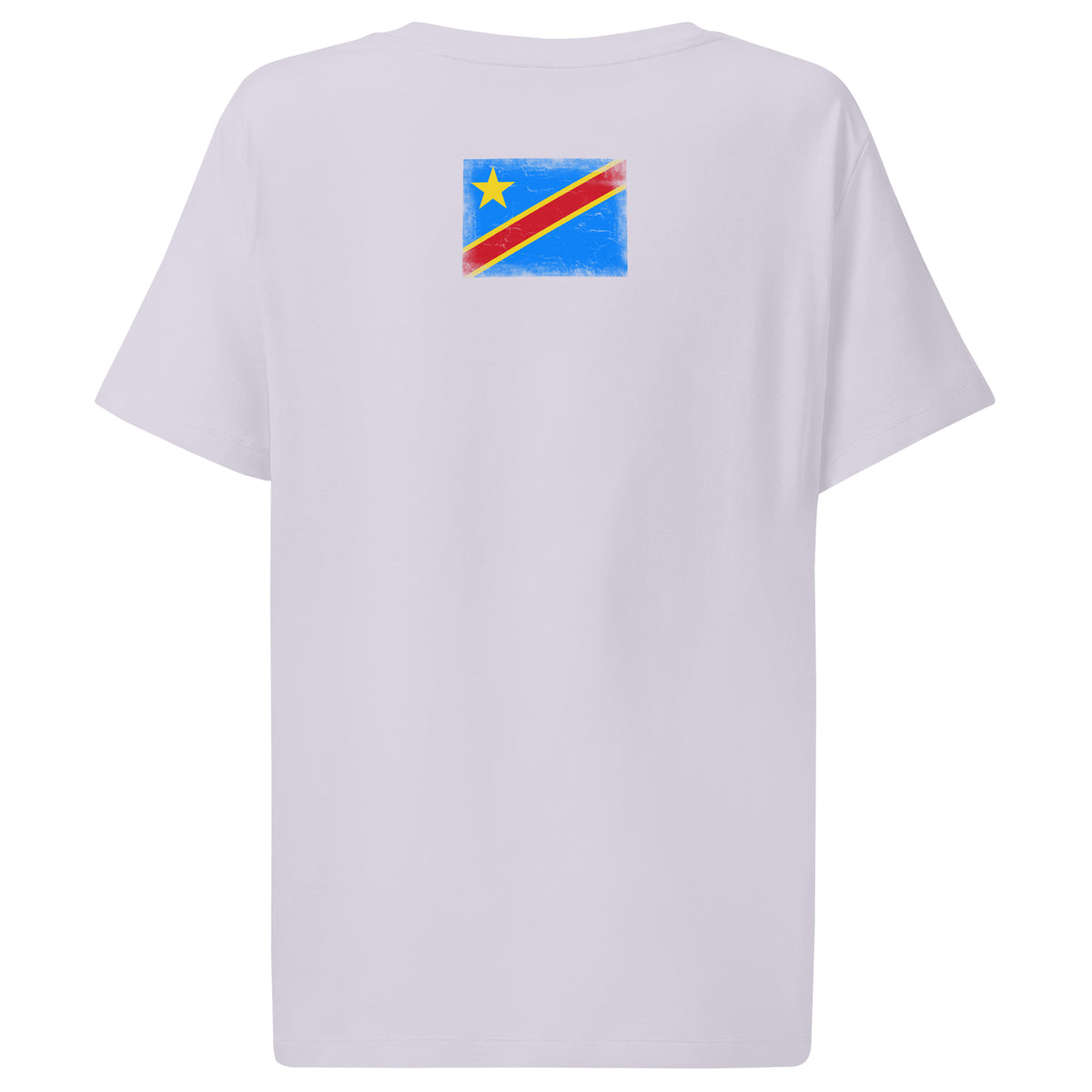 Congo flag t-shirt in Lavender, vintage-washed print, flag across the upper back, women cut, back view