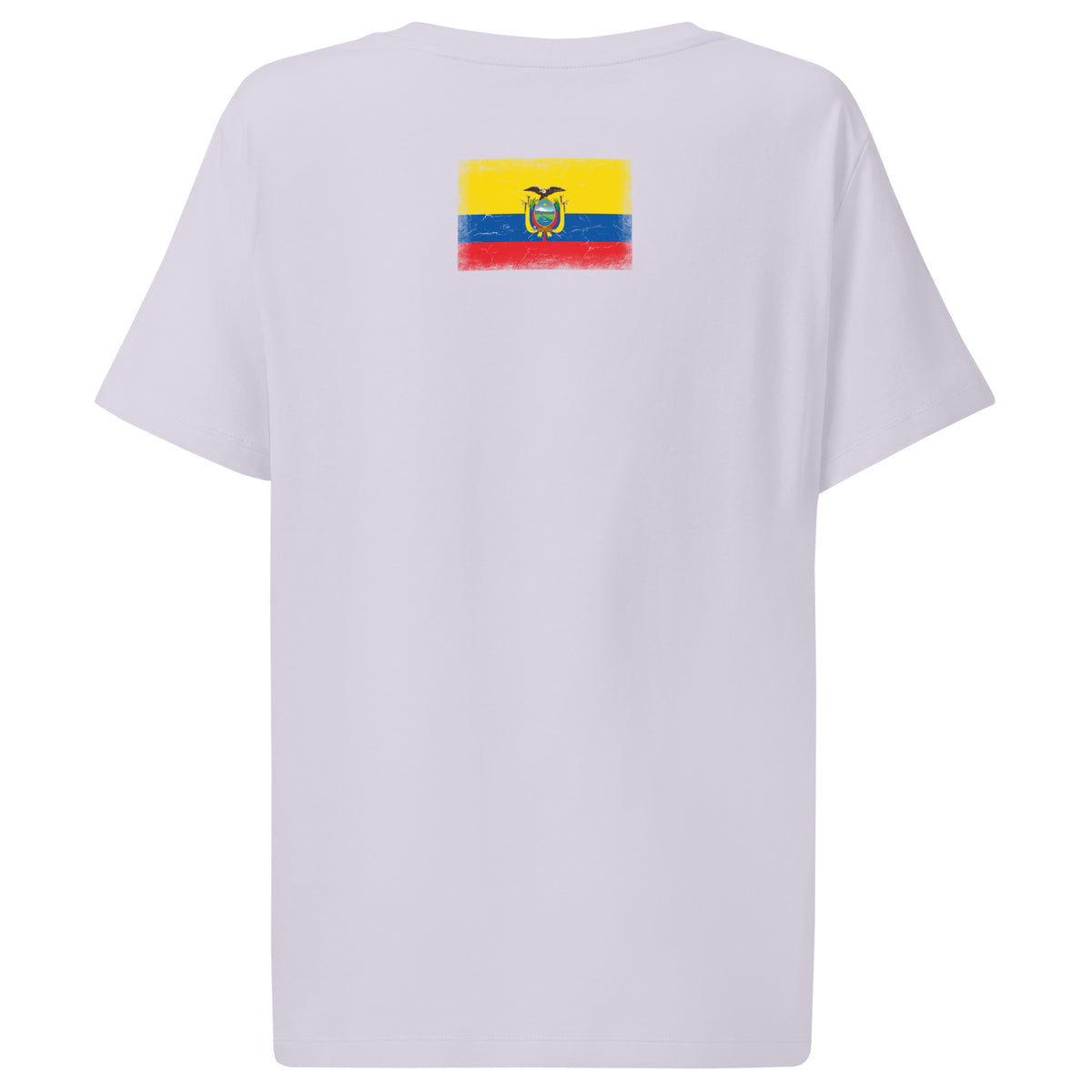 Ecuador flag t-shirt in Lavender, vintage-washed print, flag across the upper back, women cut, back view
