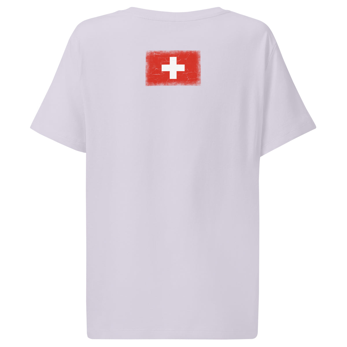 Switzerland flag t-shirt in Lavender, vintage-washed print, flag across the upper back, women cut, back view