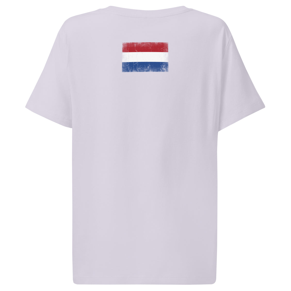 Netherlands flag t-shirt in Lavender, vintage-washed print, flag across the upper back, women cut, back view