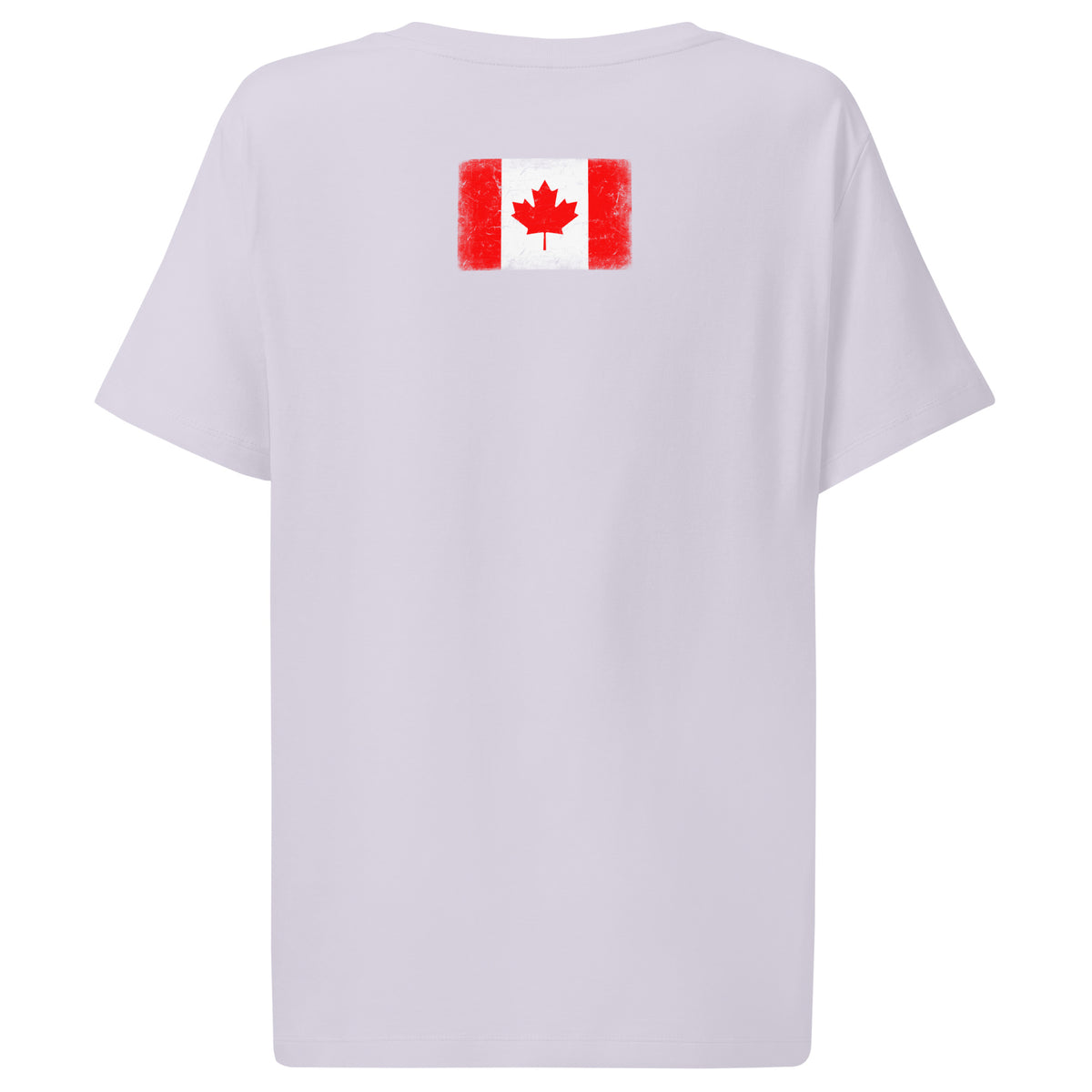 Canada flag t-shirt in Lavender, vintage-washed print, flag across the upper back, women cut, back view