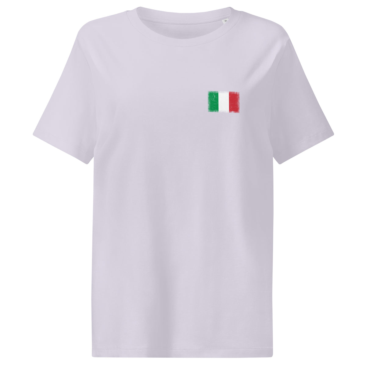 Italy flag t-shirt in Lavender, vintage-washed print, small flag on the left chest, women cut, front view