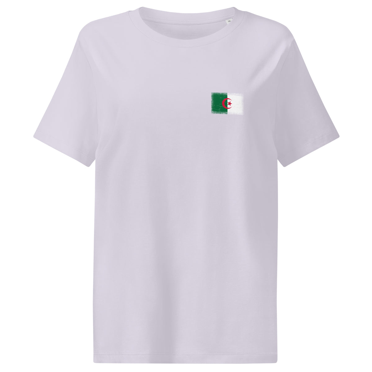 Algeria flag t-shirt in Lavender, vintage-washed print, small flag on the left chest, women cut, front view