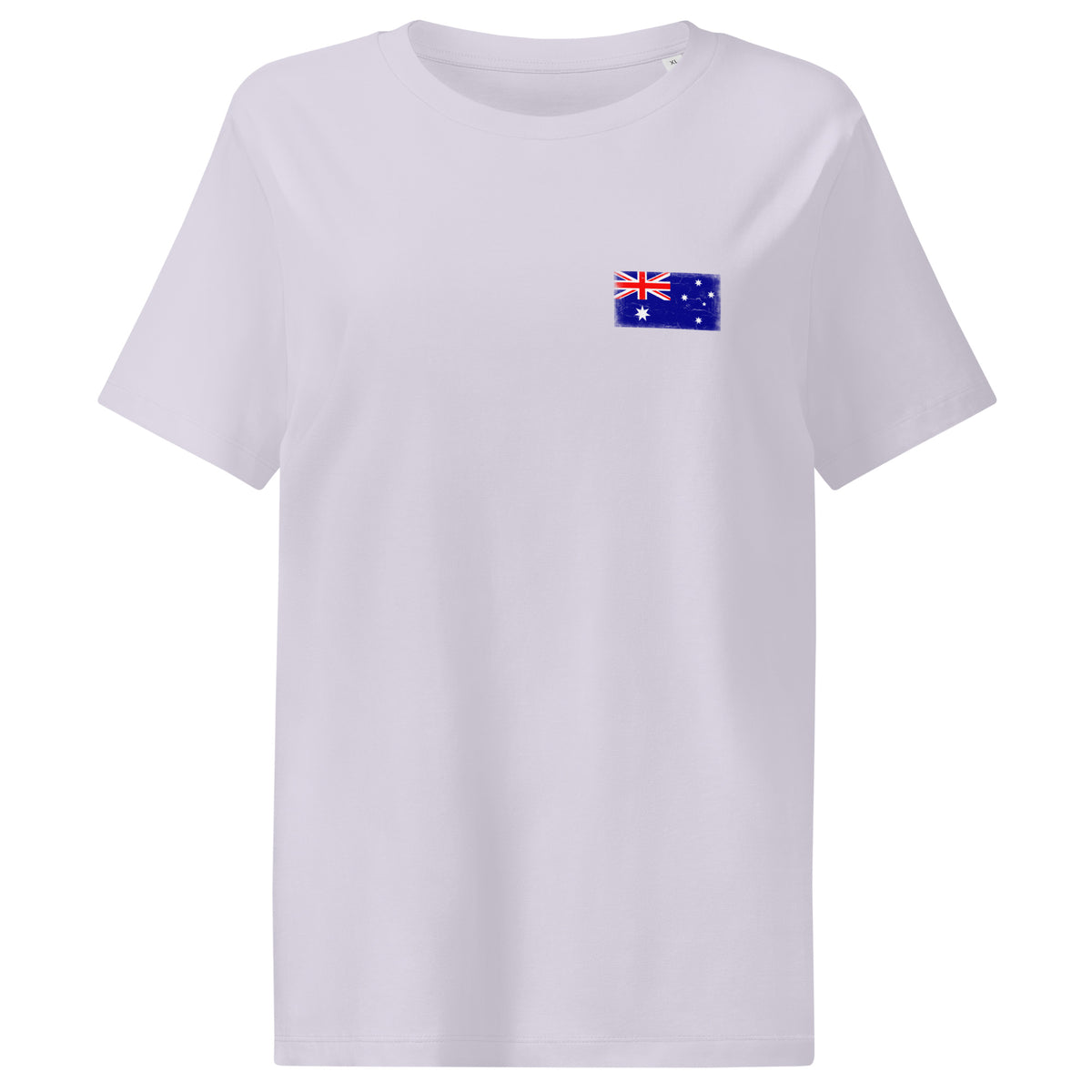 Australia flag t-shirt in Lavender, vintage-washed print, small flag on the left chest, women cut, front view