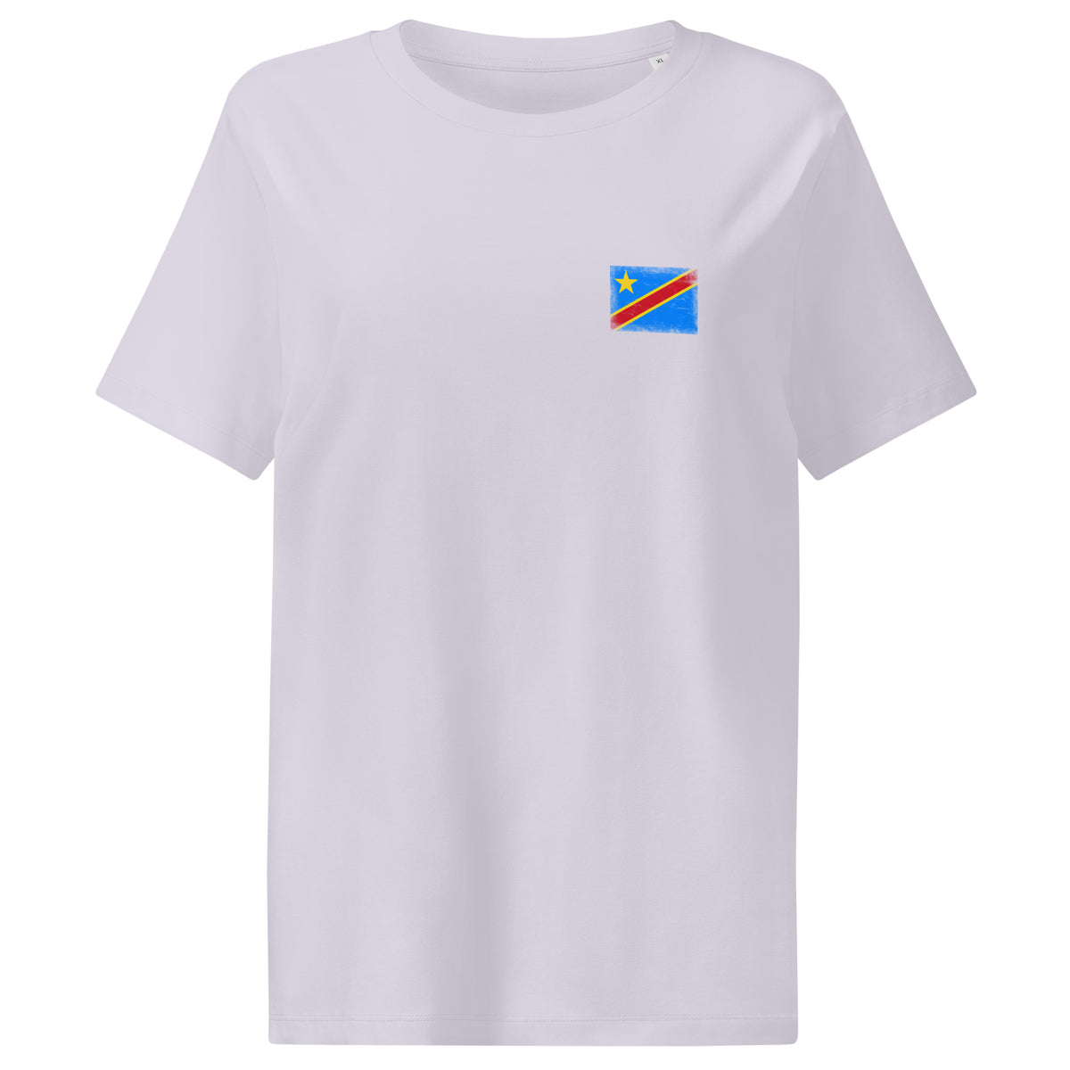 Congo flag t-shirt in Lavender, vintage-washed print, small flag on the left chest, women cut, front view