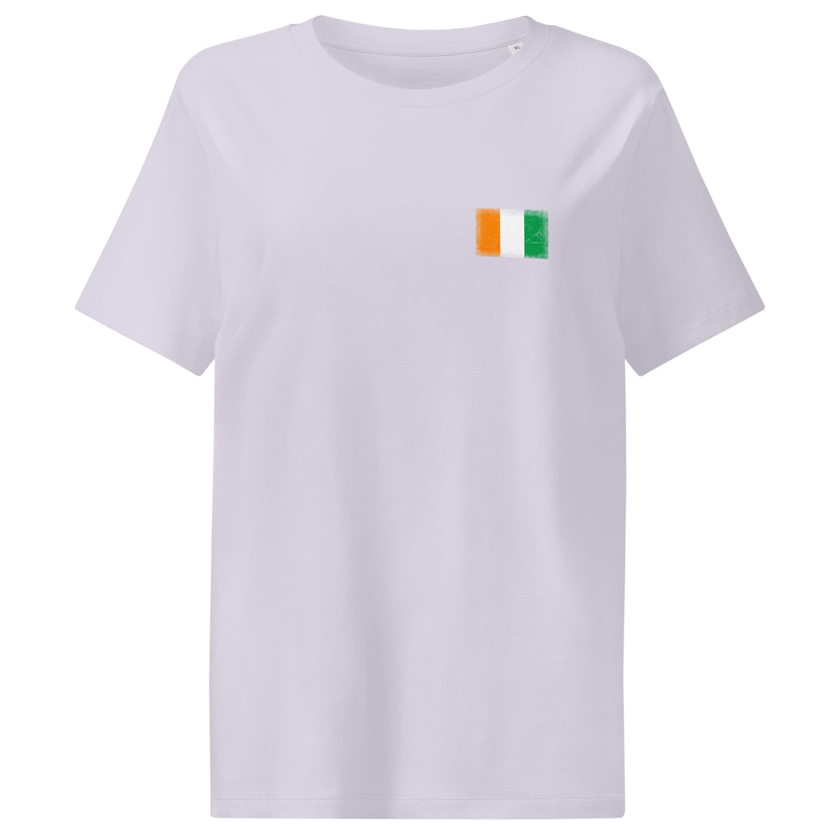 Côte d'Ivoire flag t-shirt in Lavender, vintage-washed print, small flag on the left chest, women cut, front view