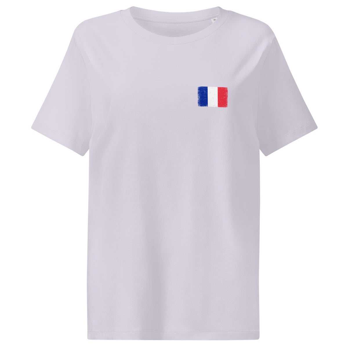 France flag t-shirt in Lavender, vintage-washed print, small flag on the left chest, women cut, front view