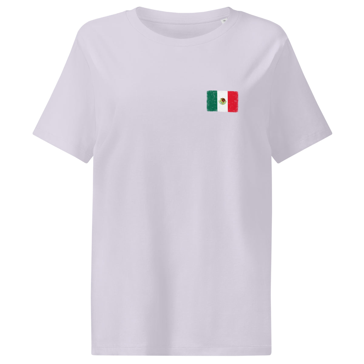 Mexico flag t-shirt in Lavender, vintage-washed print, small flag on the left chest, women cut, front view
