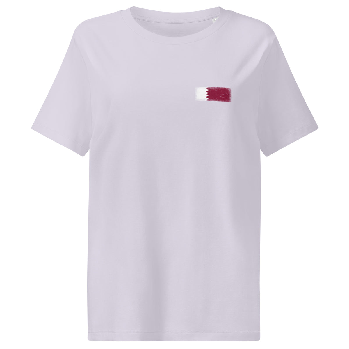 Qatar flag t-shirt in Lavender, vintage-washed print, small flag on the left chest, women cut, front view