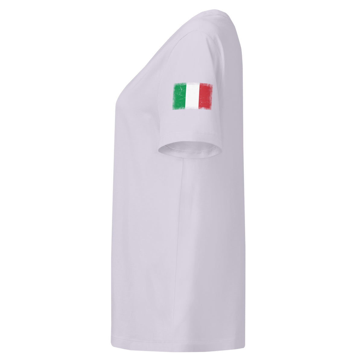 Italy flag t-shirt in Lavender, vintage-washed print, flag badge on the left sleeve, women cut, side view