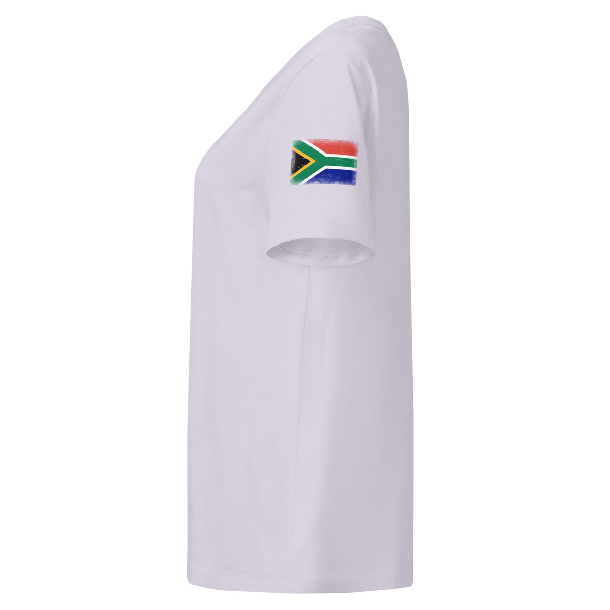 South Africa flag t-shirt in Lavender, vintage-washed print, flag badge on the left sleeve, women cut, side view