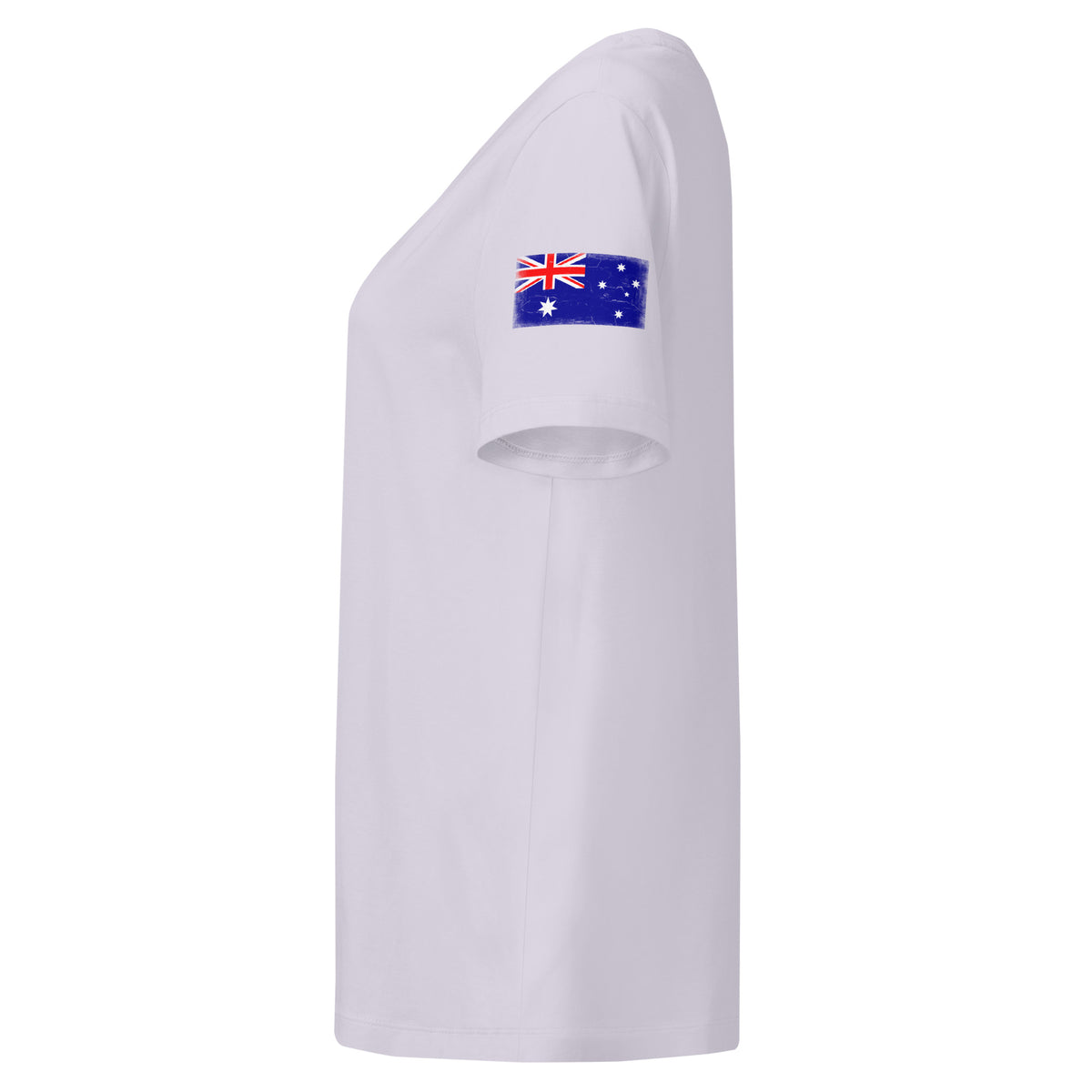 Australia flag t-shirt in Lavender, vintage-washed print, flag badge on the left sleeve, women cut, side view