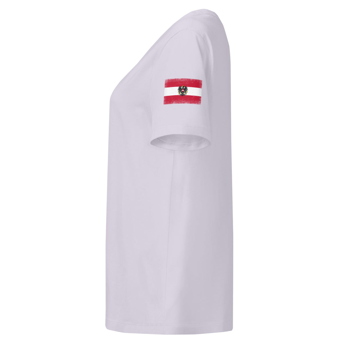 Austria flag t-shirt in Lavender, vintage-washed print, flag badge on the left sleeve, women cut, side view