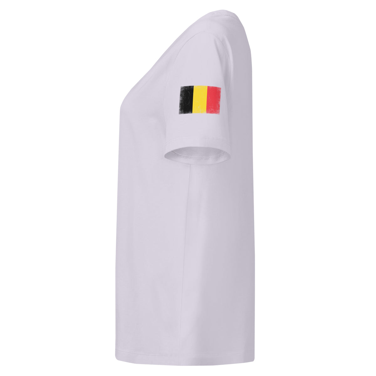 Belgium flag t-shirt in Lavender, vintage-washed print, flag badge on the left sleeve, women cut, side view